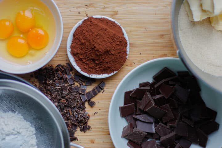 Ingredients to make dark chocolate brownies.