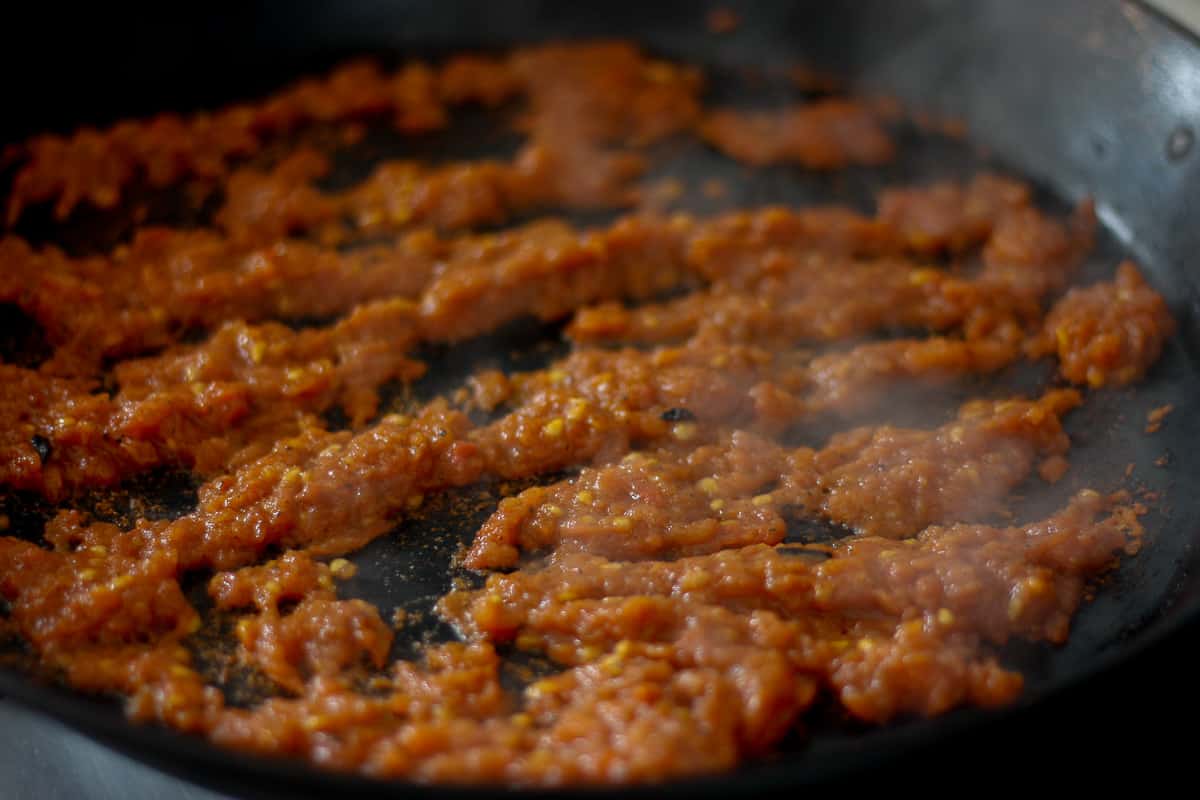 Tomato paste in a pan.