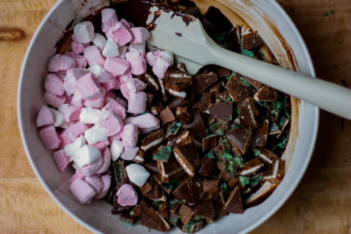 Rocky Road ingredients in a bowl ready to be doused in melted chocolate.